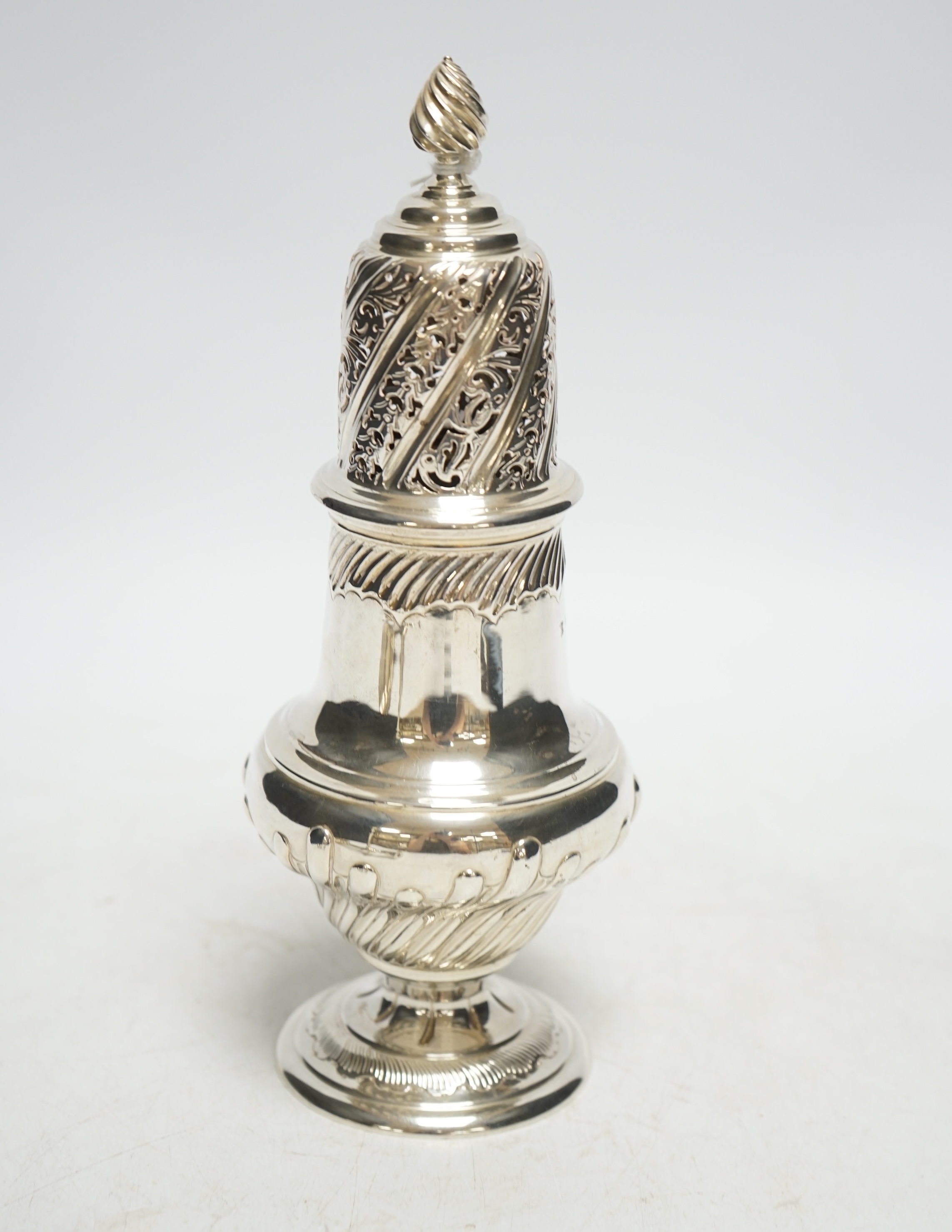 A late Victorian silver baluster sugar caster, Thomas Bradbury & Sons, London, 1886, 22.5cm, 9.6oz. Condition - good